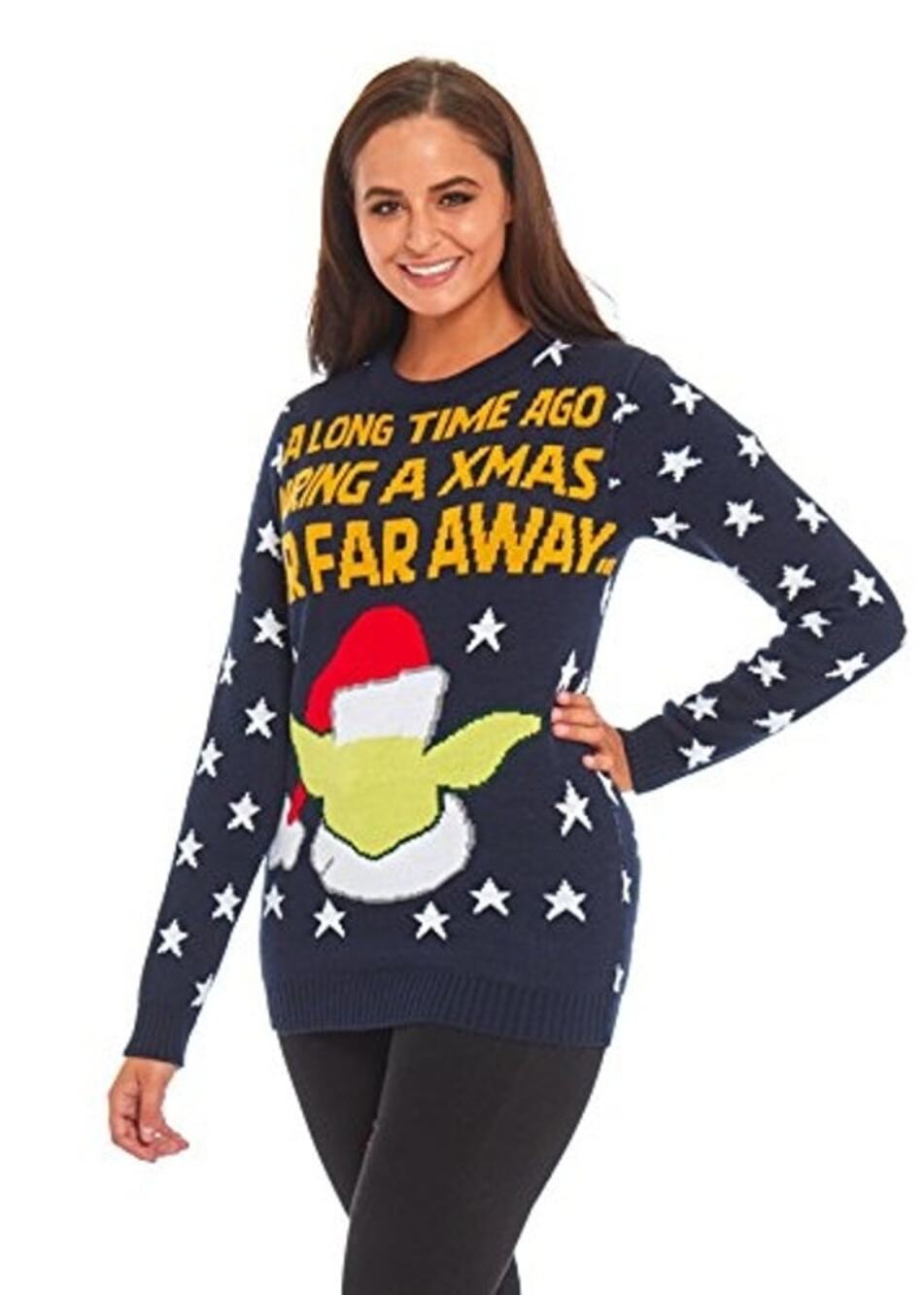 Merry Christmas Women's Holiday Sweater Blue Star Print Baby Yoda Pullover SZ M